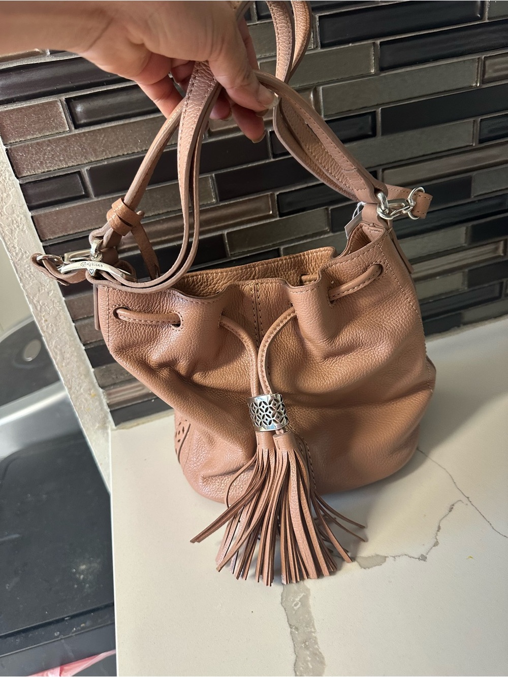 Brighton  Women's Drawstring Tassel Bucket Bag - Tan